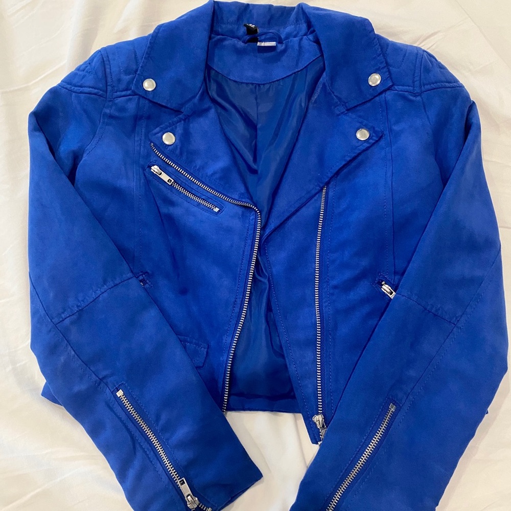 Royal Blue Cropped Vegan Moto Jacket